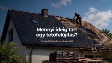 Tetőfelújítás közben dolgozó tetőfedők egy családi ház tetőszerkezetén