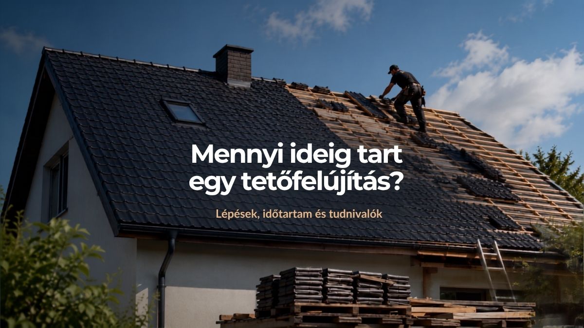 Tetőfelújítás közben dolgozó tetőfedők egy családi ház tetőszerkezetén