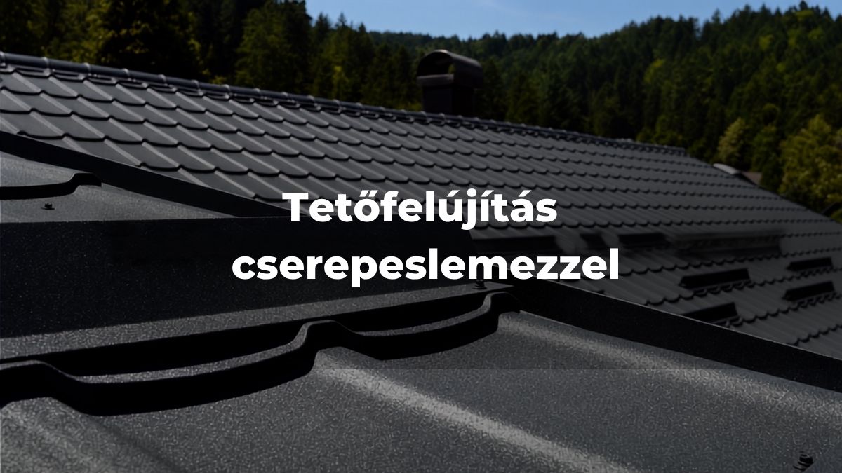 Cserepeslemezzel felújított családi ház tető sötétszürke fémlemez fedéssel