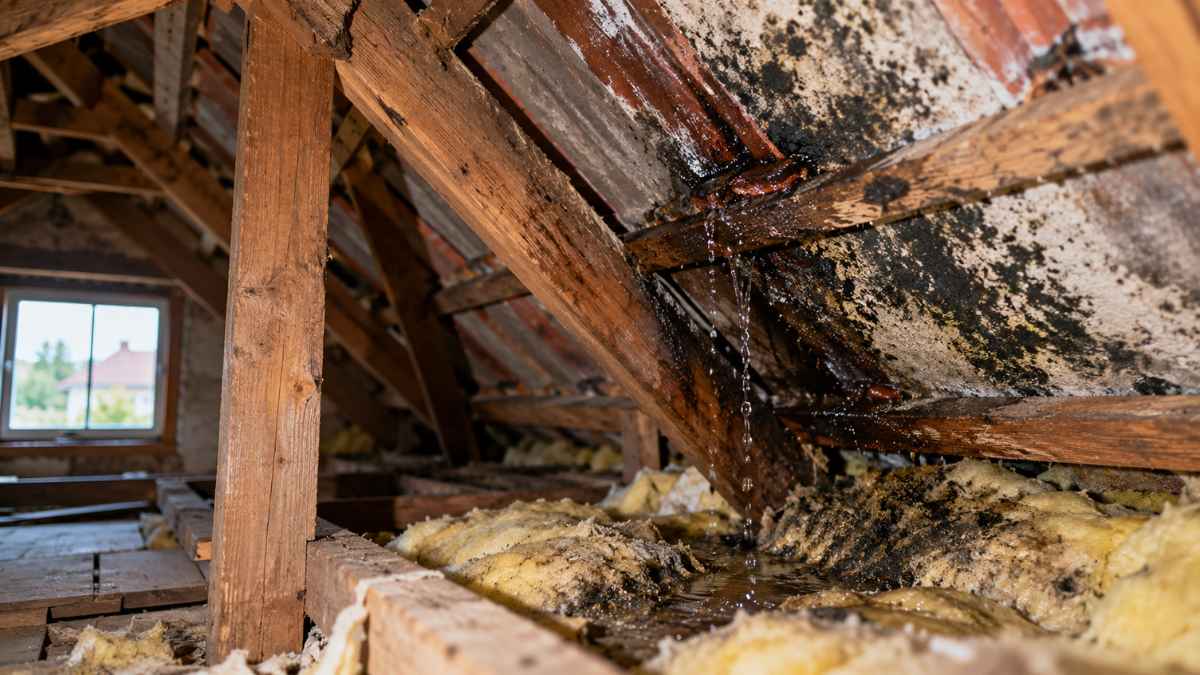 Beázó magyar ház padlásterében nedves szigetelés, penészesedés és vízkár látható