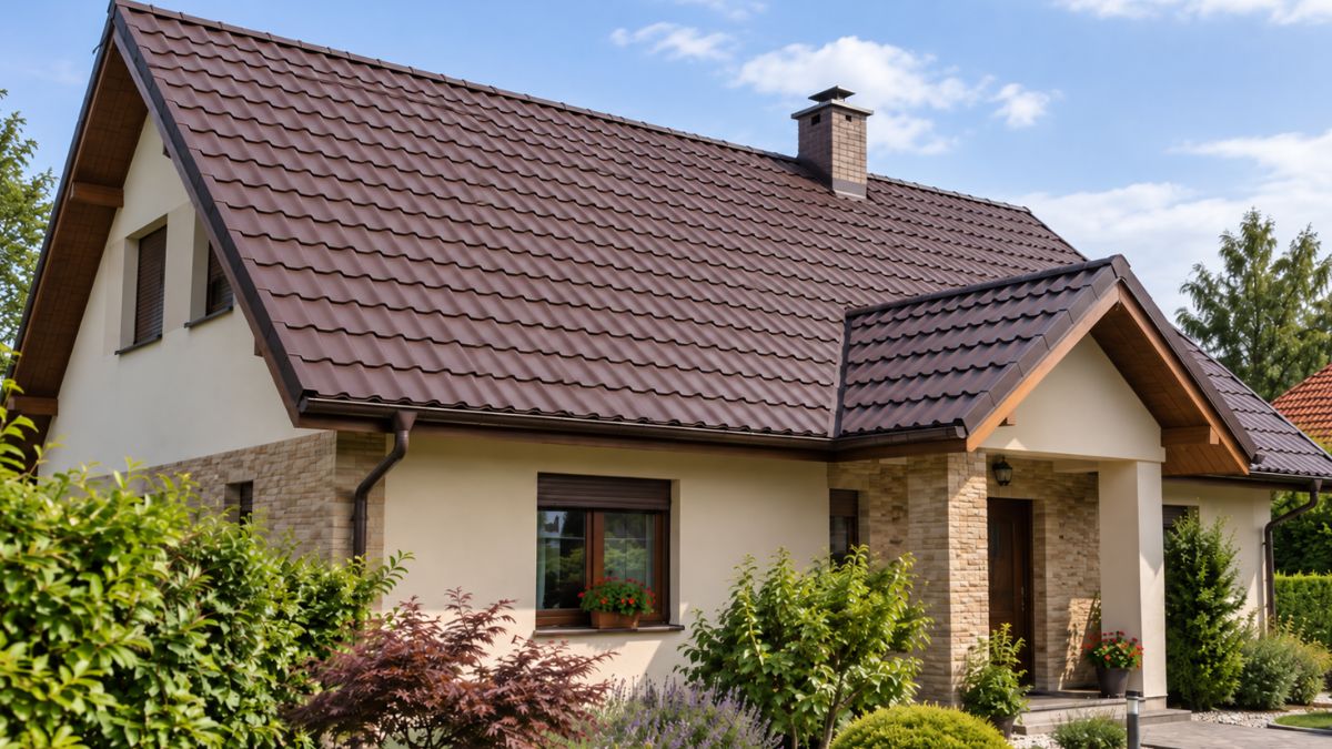 Cserepeslemez tetőfedés családi házon barna lemeztetővel