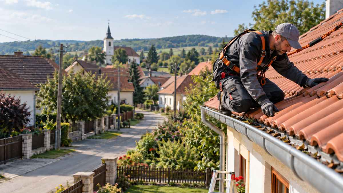 Tetőkarbantartást végző szakember egy cseréptetőn egy magyar vidéki faluban