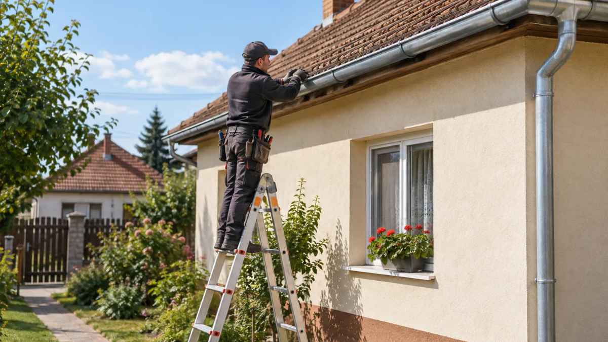 Szakember ereszcsatornát javít egy magyar falusi családi házon létráról